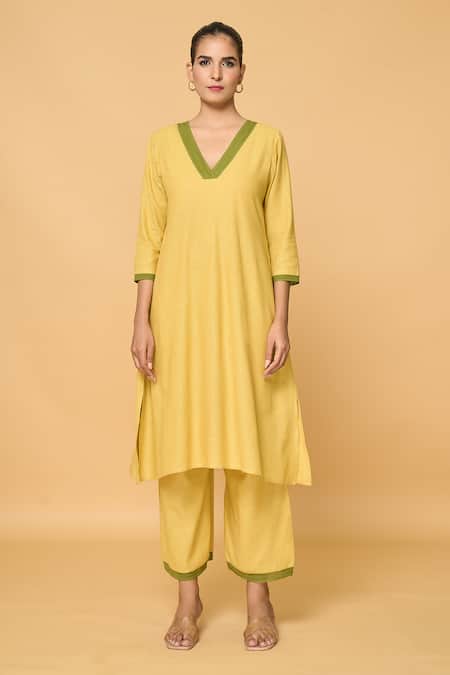 Samyukta Singhania Green Cotton Lace V-neck V Kurta Online at Aza Fashions Samyukta Singhania_Green Cotton Lace V-neck V Kurta_Online_at_Aza_Fashions