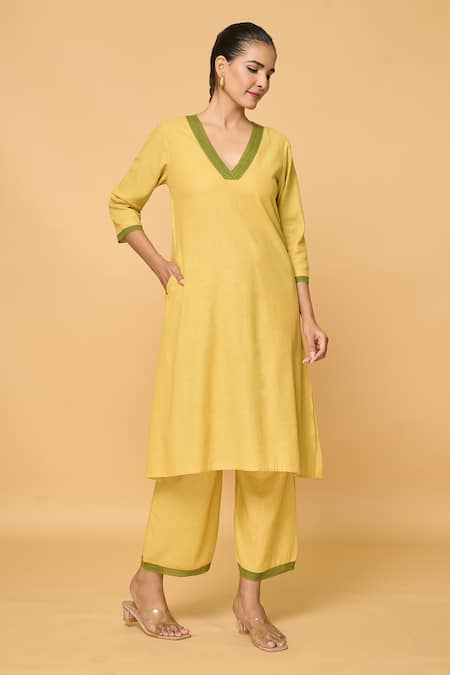 Shop Samyukta Singhania Green Cotton Lace V-neck V Kurta Online at Aza Fashions Shop_Samyukta Singhania_Green Cotton Lace V-neck V Kurta_Online_at_Aza_Fashions