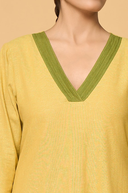 Samyukta Singhania Green Cotton Lace V-neck V Kurta at Aza Fashions Samyukta Singhania_Green Cotton Lace V-neck V Kurta_at_Aza_Fashions