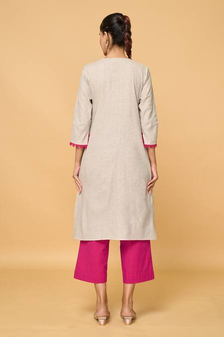 Shop_Samyukta Singhania_Grey Cotton Lace V-neck V Kurta _at_Aza_Fashions