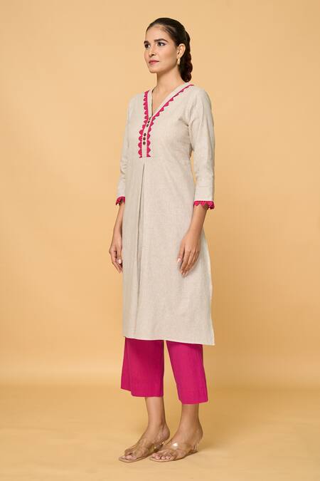 Buy_Samyukta Singhania_Grey Cotton Lace V-neck V Kurta _Online_at_Aza_Fashions