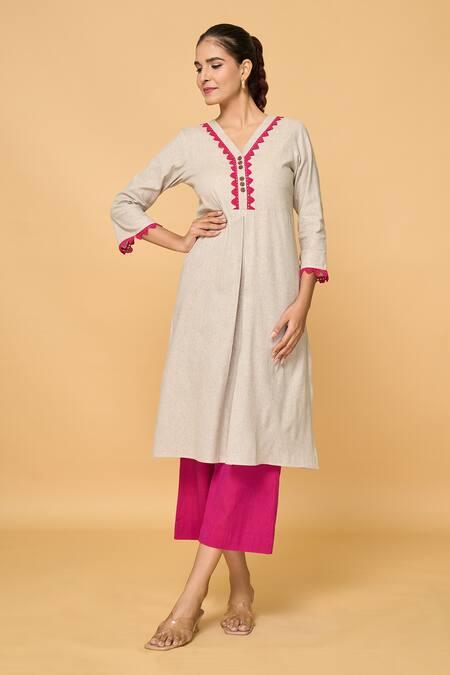 Shop_Samyukta Singhania_Grey Cotton Lace V-neck V Kurta _Online_at_Aza_Fashions