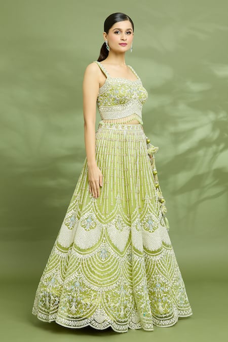 Buy_Samyukta Singhania_Green Silk, Net Tassels, Sequins Sweetheart Neck Scallop Hem Lehenga Blouse Set _Online_at_Aza_Fashions