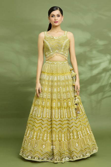 Samyukta Singhania_Yellow Net, Silk Sequins, Gota Patti, Hand Embroidered Lehenga Blouse Set_Online_at_Aza_Fashions