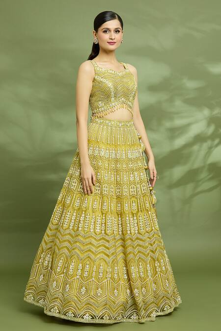 Buy_Samyukta Singhania_Yellow Net, Silk Sequins, Gota Patti, Hand Embroidered Lehenga Blouse Set_Online_at_Aza_Fashions