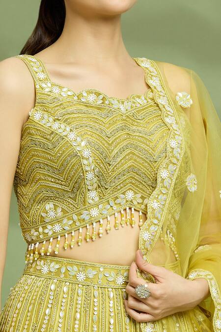 Shop_Samyukta Singhania_Yellow Net, Silk Sequins, Gota Patti, Hand Embroidered Lehenga Blouse Set_Online_at_Aza_Fashions