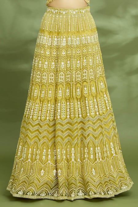 Samyukta Singhania_Yellow Net, Silk Sequins, Gota Patti, Hand Embroidered Lehenga Blouse Set_at_Aza_Fashions