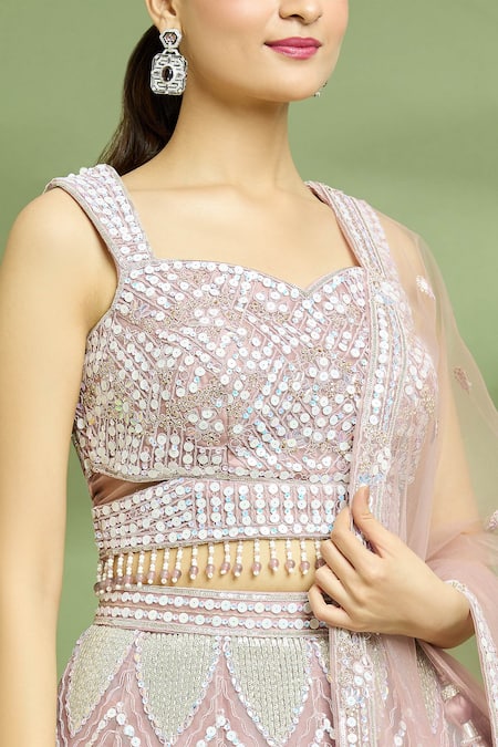 Samyukta Singhania_Purple Net, , Satin Sequins, Tassels, Hand Cut Out Blouse Lehenga Set _at_Aza_Fashions