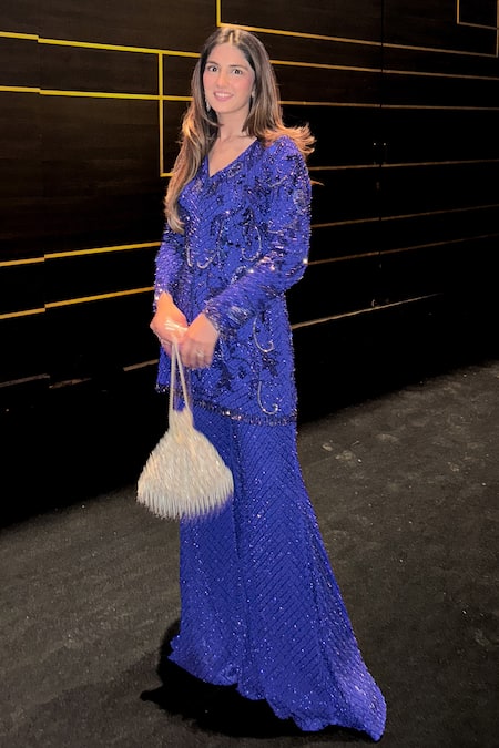 Studio22 By Pulkita Arora Bajaj_Blue Georgette Sequins, Beads, Tassels Hand Embroidered Kurta With Flared Pant _Online_at_Aza_Fashions