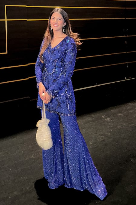 Shop_Studio22 By Pulkita Arora Bajaj_Blue Georgette Sequins, Beads, Tassels Hand Embroidered Kurta With Flared Pant _Online_at_Aza_Fashions