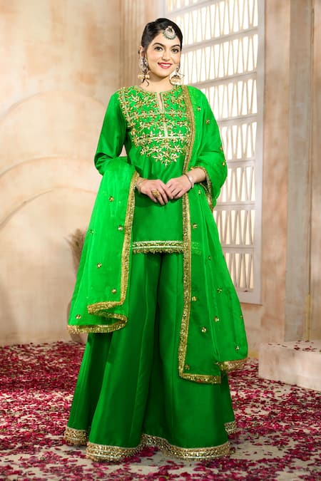 Preeti S Kapoor x AZA Green Kurta And Sharara Dupion Embroidered Floral Notched Gota Set 