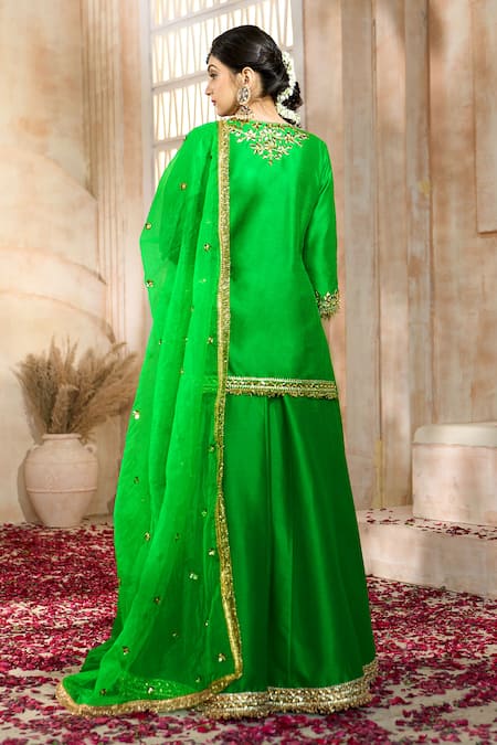 Shop Preeti S Kapoor X AZA Green Viscose, Silk, Organza Embroidery, Gota Patti, Floral Kurta Sharara Set at Aza Fashions Shop_Preeti S Kapoor X AZA_Green Viscose, Silk, Organza Embroidery, Gota Patti, Floral Kurta Sharara Set _at_Aza_Fashions