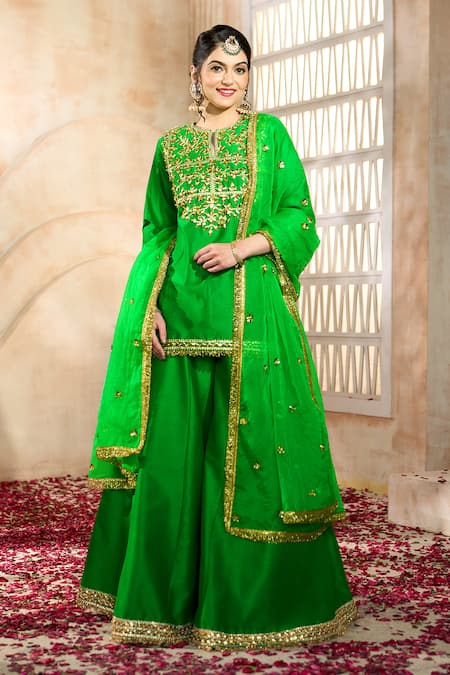 Preeti S Kapoor X AZA Green Viscose, Silk, Organza Embroidery, Gota Patti, Floral Kurta Sharara Set Online at Aza Fashions Preeti S Kapoor X AZA_Green Viscose, Silk, Organza Embroidery, Gota Patti, Floral Kurta Sharara Set _Online_at_Aza_Fashions