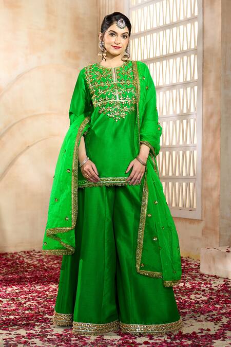 Buy Preeti S Kapoor X AZA Green Viscose, Silk, Organza Embroidery, Gota Patti, Floral Kurta Sharara Set Online at Aza Fashions Buy_Preeti S Kapoor X AZA_Green Viscose, Silk, Organza Embroidery, Gota Patti, Floral Kurta Sharara Set _Online_at_Aza_Fashions