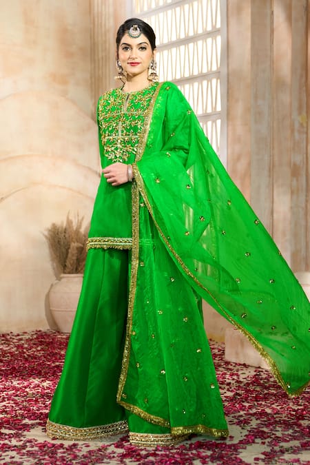 Shop Preeti S Kapoor X AZA Green Viscose, Silk, Organza Embroidery, Gota Patti, Floral Kurta Sharara Set Online at Aza Fashions Shop_Preeti S Kapoor X AZA_Green Viscose, Silk, Organza Embroidery, Gota Patti, Floral Kurta Sharara Set _Online_at_Aza_Fashions