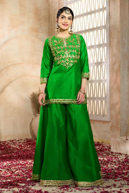 Preeti S Kapoor X AZA Green Viscose, Silk, Organza Embroidery, Gota Patti, Floral Kurta Sharara Set at Aza Fashions Preeti S Kapoor X AZA_Green Viscose, Silk, Organza Embroidery, Gota Patti, Floral Kurta Sharara Set _at_Aza_Fashions