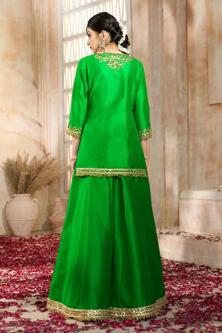 Buy Preeti S Kapoor X AZA Green Viscose, Silk, Organza Embroidery, Gota Patti, Floral Kurta Sharara Set Buy_Preeti S Kapoor X AZA_Green Viscose, Silk, Organza Embroidery, Gota Patti, Floral Kurta Sharara Set
