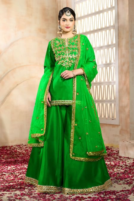 Shop Preeti S Kapoor X AZA Green Viscose, Silk, Organza Embroidery, Gota Patti, Floral Kurta Sharara Set Shop_Preeti S Kapoor X AZA_Green Viscose, Silk, Organza Embroidery, Gota Patti, Floral Kurta Sharara Set