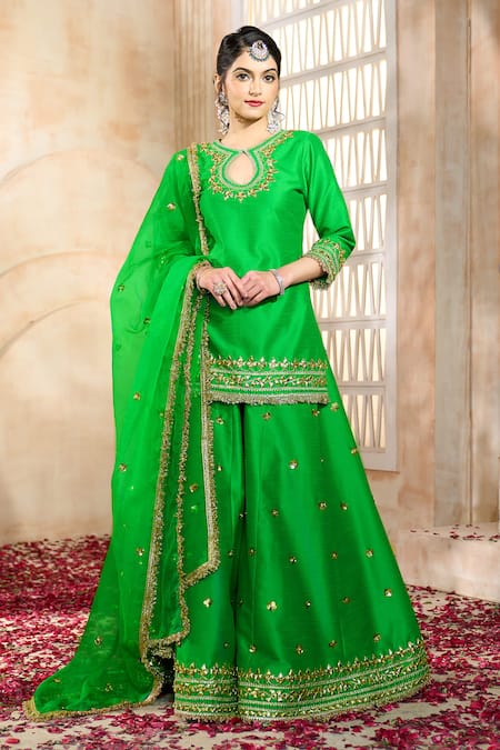 Preeti S Kapoor x AZA Green Kurta And Sharara Dupion Embroidered Floral Keyhole Gota Set 