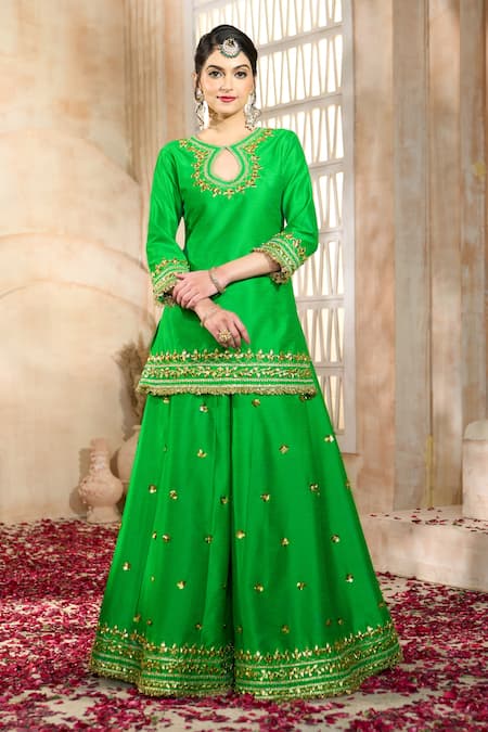 Preeti S Kapoor X AZA Green Silk, Viscose Embroidery, Lace, Gota Patti Keyhole Floral Sharara Set Online at Aza Fashions Preeti S Kapoor X AZA_Green Silk, Viscose Embroidery, Lace, Gota Patti Keyhole Floral Sharara Set _Online_at_Aza_Fashions