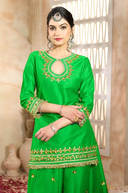 Shop Preeti S Kapoor X AZA Green Silk, Viscose Embroidery, Lace, Gota Patti Keyhole Floral Sharara Set Online at Aza Fashions Shop_Preeti S Kapoor X AZA_Green Silk, Viscose Embroidery, Lace, Gota Patti Keyhole Floral Sharara Set _Online_at_Aza_Fashions