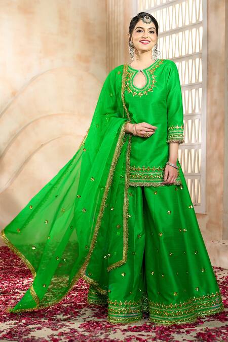 Preeti S Kapoor X AZA Green Silk, Viscose Embroidery, Lace, Gota Patti Keyhole Floral Sharara Set at Aza Fashions Preeti S Kapoor X AZA_Green Silk, Viscose Embroidery, Lace, Gota Patti Keyhole Floral Sharara Set _at_Aza_Fashions