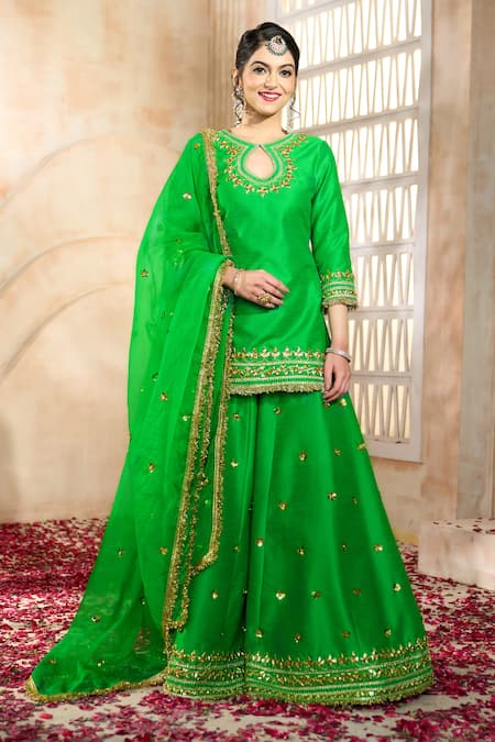 Shop Preeti S Kapoor X AZA Green Silk, Viscose Embroidery, Lace, Gota Patti Keyhole Floral Sharara Set Shop_Preeti S Kapoor X AZA_Green Silk, Viscose Embroidery, Lace, Gota Patti Keyhole Floral Sharara Set