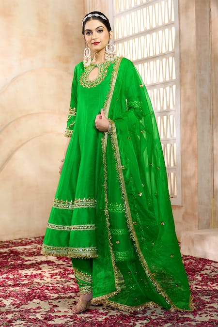 Preeti S Kapoor x AZA Green Anarkali And Salwar Dupion Embroidered Flower Keyhole Gota Set 