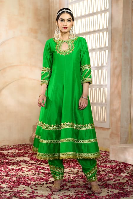 Preeti S Kapoor X AZA Green Viscose, Organza, Silk Gota Patti, Embroidery Keyhole Flower Anarkali Set at Aza Fashions Preeti S Kapoor X AZA_Green Viscose, Organza, Silk Gota Patti, Embroidery Keyhole Flower Anarkali Set _at_Aza_Fashions