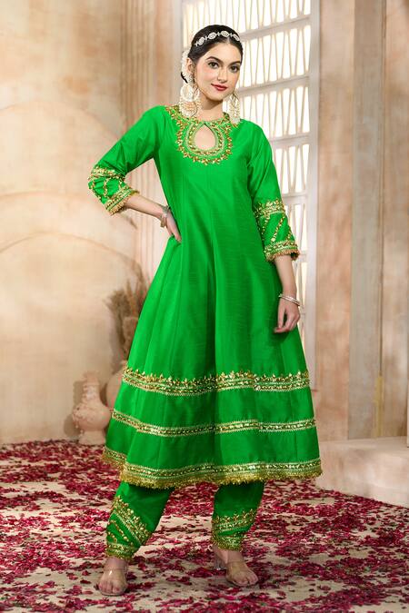 Shop Preeti S Kapoor X AZA Green Viscose, Organza, Silk Gota Patti, Embroidery Keyhole Flower Anarkali Set Shop_Preeti S Kapoor X AZA_Green Viscose, Organza, Silk Gota Patti, Embroidery Keyhole Flower Anarkali Set