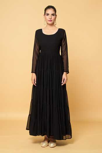 Khwaab By Sanjana Lakhani_Black Faux Leather, Cotton, Georgette Gota Solid Tiered Anarkali With Dupatta _Online_at_Aza_Fashions