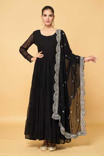 Buy_Khwaab By Sanjana Lakhani_Black Faux Leather, Cotton, Georgette Gota Solid Tiered Anarkali With Dupatta _Online_at_Aza_Fashions
