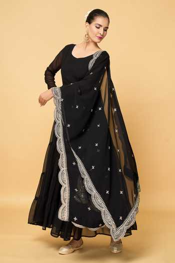 Shop_Khwaab By Sanjana Lakhani_Black Faux Leather, Cotton, Georgette Gota Solid Tiered Anarkali With Dupatta _Online_at_Aza_Fashions