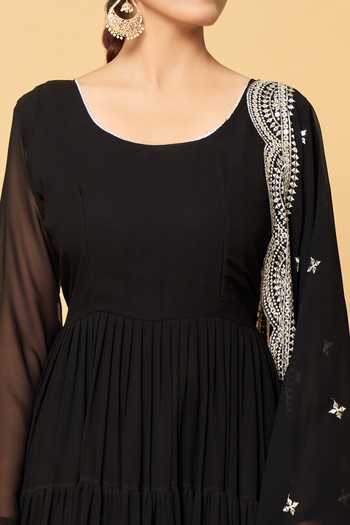Khwaab By Sanjana Lakhani_Black Faux Leather, Cotton, Georgette Gota Solid Tiered Anarkali With Dupatta _at_Aza_Fashions