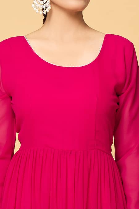 Naintara Bajaj_Pink Cotton Gota Patti Round Neck Plain Tiered Anarkali With Dupatta _Online_at_Aza_Fashions