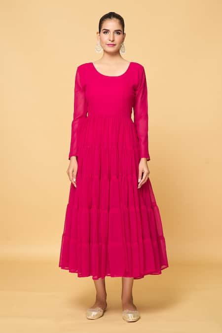 Buy_Naintara Bajaj_Pink Cotton Gota Patti Round Neck Plain Tiered Anarkali With Dupatta _Online_at_Aza_Fashions