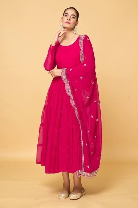 Shop_Naintara Bajaj_Pink Cotton Gota Patti Round Neck Plain Tiered Anarkali With Dupatta _Online_at_Aza_Fashions