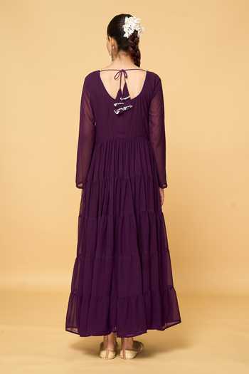 Shop Khwaab By Sanjana Lakhani Wine Faux Leather, Cotton Gota Patti Round Neck Tiered Anarkali With Dupatta at Aza Fashions Shop_Khwaab By Sanjana Lakhani_Wine Faux Leather, Cotton Gota Patti Round Neck Tiered Anarkali With Dupatta _at_Aza_Fashions