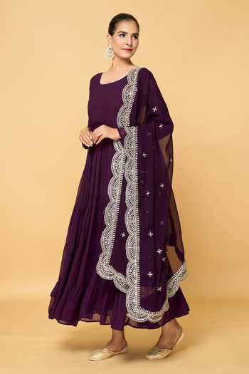 Shop Khwaab By Sanjana Lakhani Wine Faux Leather, Cotton Gota Patti Round Neck Tiered Anarkali With Dupatta Online at Aza Fashions Shop_Khwaab By Sanjana Lakhani_Wine Faux Leather, Cotton Gota Patti Round Neck Tiered Anarkali With Dupatta _Online_at_Aza_Fashions