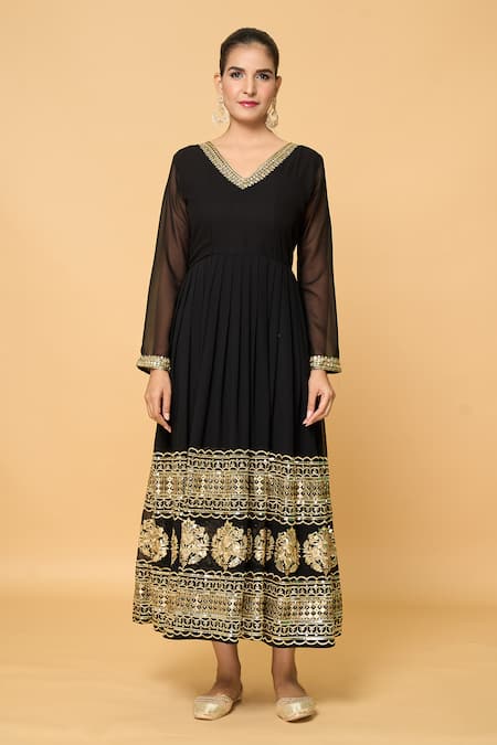 Samyukta Singhania_Black Faux Leather, Cotton Gullista And Embroidered Anarkali With Dupatta _Online_at_Aza_Fashions