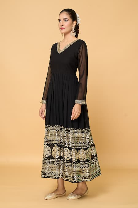 Buy_Samyukta Singhania_Black Faux Leather, Cotton Gullista And Embroidered Anarkali With Dupatta _Online_at_Aza_Fashions