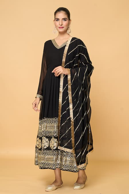 Shop_Samyukta Singhania_Black Faux Leather, Cotton Gullista And Embroidered Anarkali With Dupatta _Online_at_Aza_Fashions