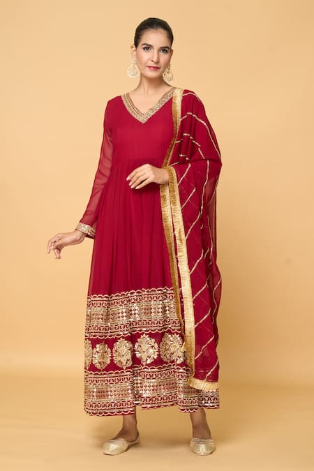 Samyukta Singhania Maroon Faux Georgette Lining Cotton Gulbahar And Anarkali With Dupatta 