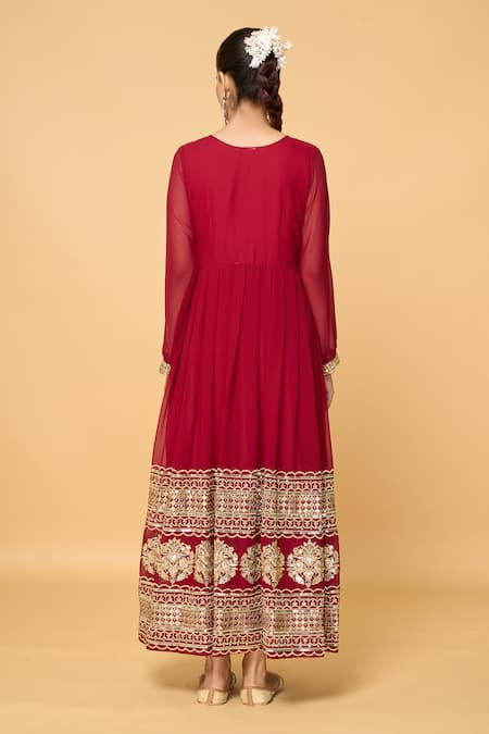 Shop_Samyukta Singhania_Maroon Cotton, Faux Leather Gulbahar And Embroidered Anarkali With Dupatta _at_Aza_Fashions