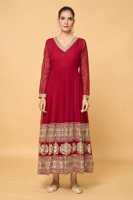 Samyukta Singhania_Maroon Cotton, Faux Leather Gulbahar And Embroidered Anarkali With Dupatta _Online_at_Aza_Fashions