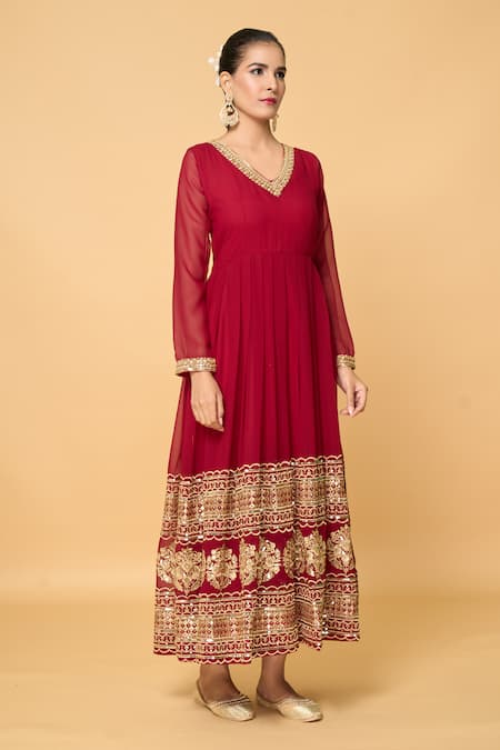 Buy_Samyukta Singhania_Maroon Cotton, Faux Leather Gulbahar And Embroidered Anarkali With Dupatta _Online_at_Aza_Fashions
