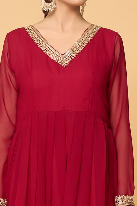 Shop_Samyukta Singhania_Maroon Cotton, Faux Leather Gulbahar And Embroidered Anarkali With Dupatta _Online_at_Aza_Fashions