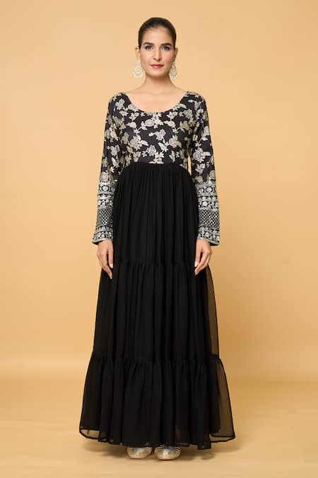 Samyukta Singhania_Black Faux Leather, Viscose, Cotton Gardenia Bloom Tiered Anarkali With Dupatta _Online_at_Aza_Fashions