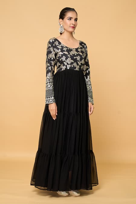 Buy_Samyukta Singhania_Black Faux Leather, Viscose, Cotton Gardenia Bloom Tiered Anarkali With Dupatta _Online_at_Aza_Fashions