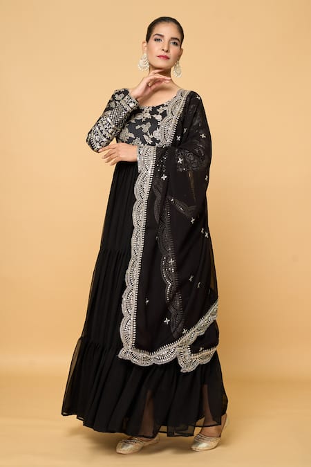 Shop_Samyukta Singhania_Black Faux Leather, Viscose, Cotton Gardenia Bloom Tiered Anarkali With Dupatta _Online_at_Aza_Fashions